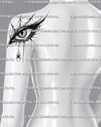 Gothic eye tattoo placement on back upper arm near the shoulder, with spiderweb framing, sharp lashes, and dark dotted texture.