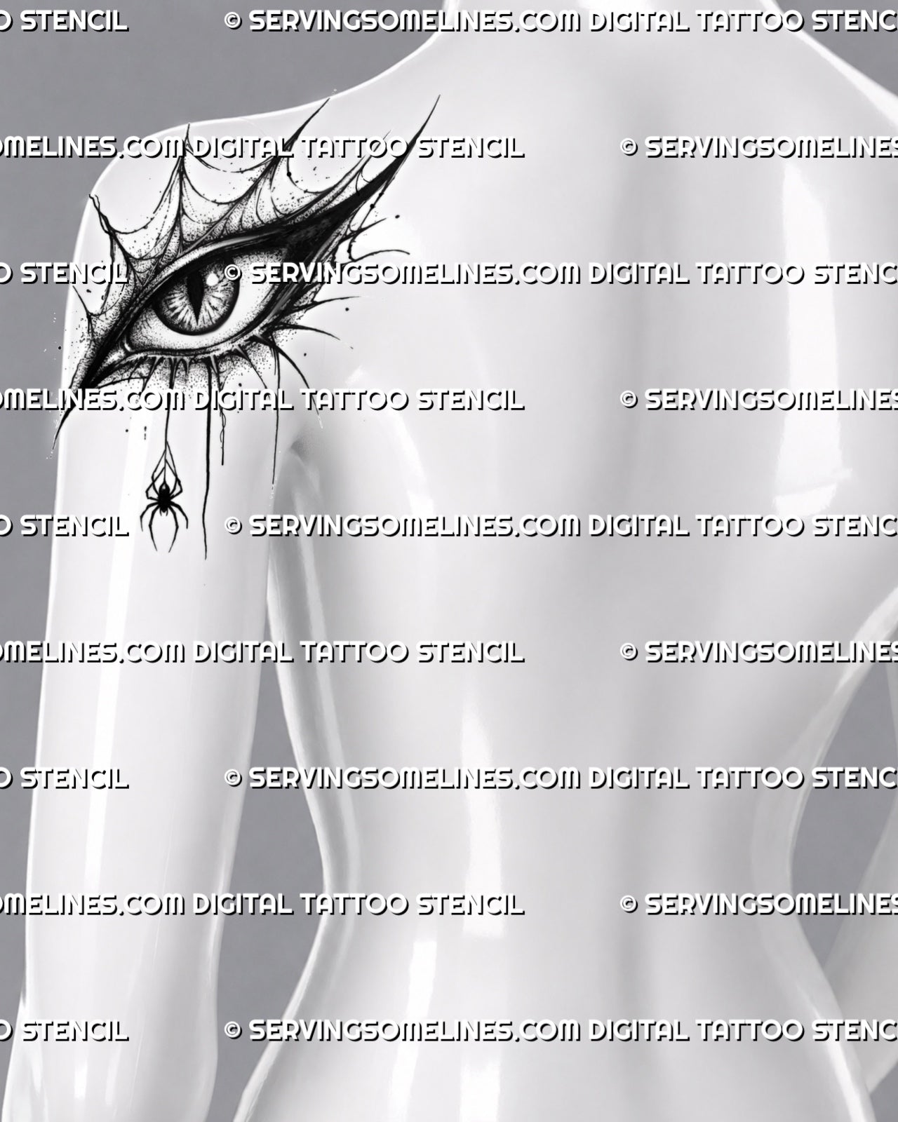 Gothic eye tattoo placement on back upper arm near the shoulder, with spiderweb framing, sharp lashes, and dark dotted texture.