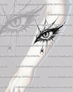 Gothic eye tattoo preview on forearm, showing a sharp web-framed eye, dotted texture, pointed lashes, and hanging spider.