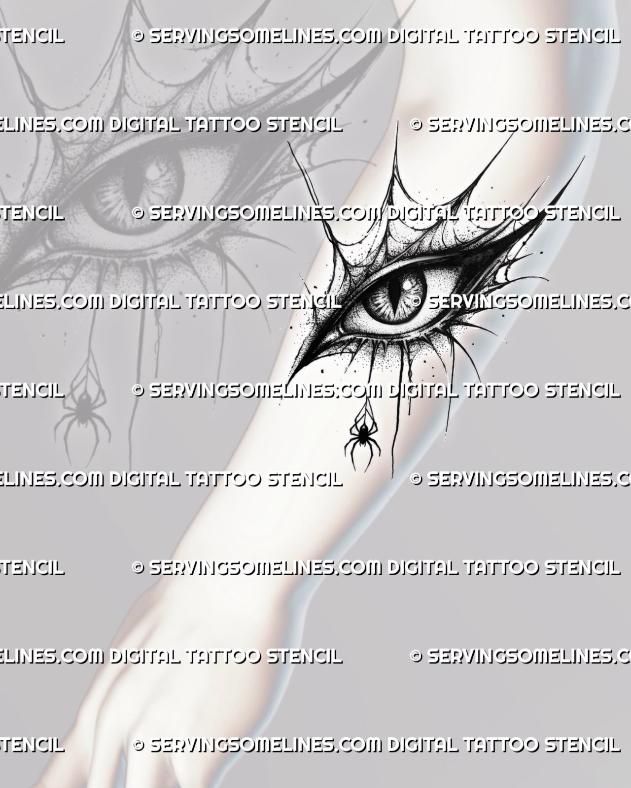 Gothic eye tattoo preview on forearm, showing a sharp web-framed eye, dotted texture, pointed lashes, and hanging spider.