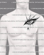 Dark eye tattoo stencil shown on men’s side chest, with gothic web lines, angled eye shape, dotwork shading, and spider detail.