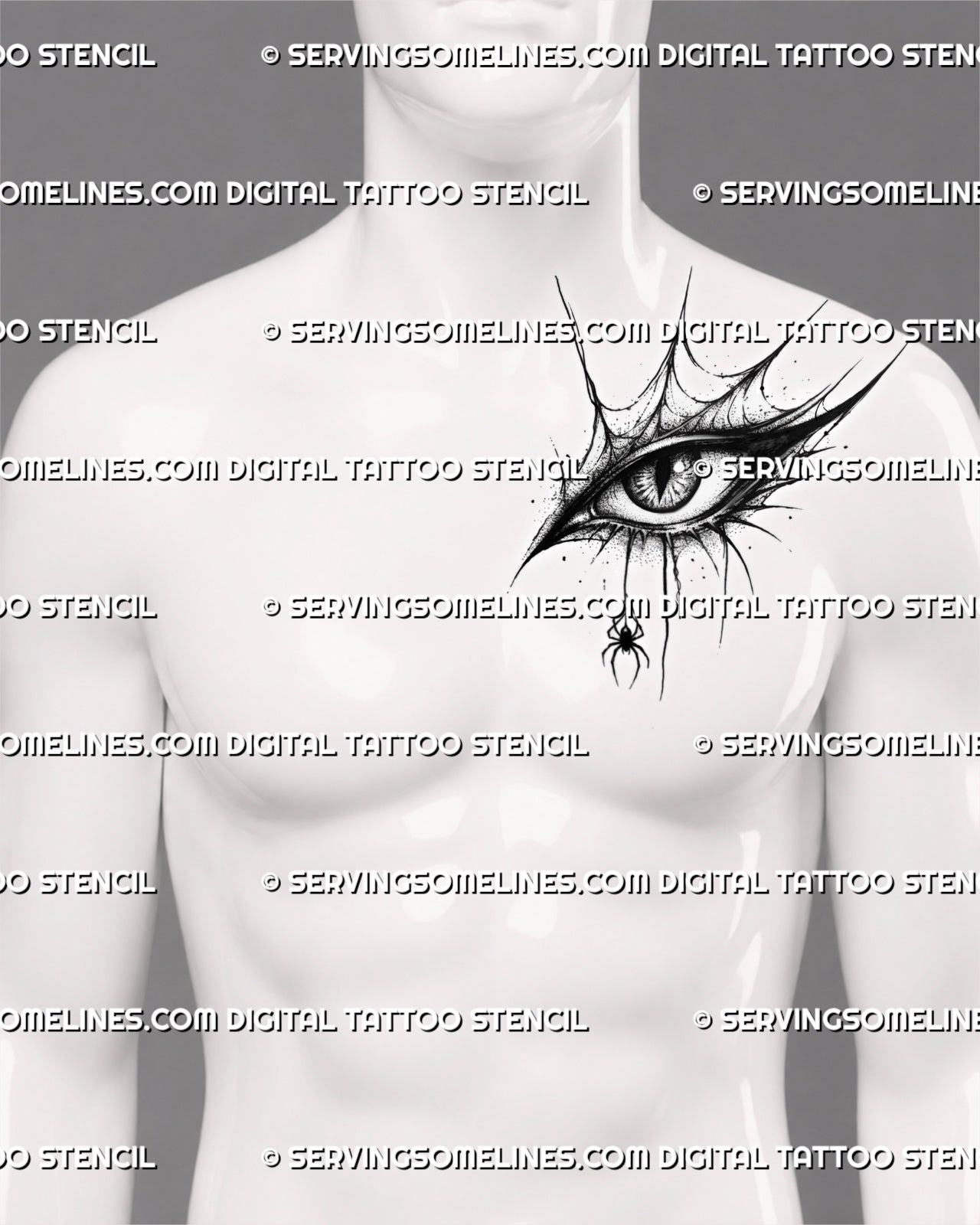 Dark eye tattoo stencil shown on men’s side chest, with gothic web lines, angled eye shape, dotwork shading, and spider detail.
