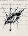 Gothic eye tattoo stencil download with spiderweb framing, sharp eyelid points, dotwork shading, and small hanging spider detail.