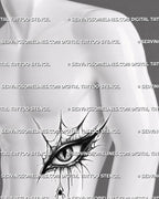 Gothic eye tattoo stencil shown on men’s ribs, with webbed eye frame, pointed corners, dotted shading, and spider drop detail.