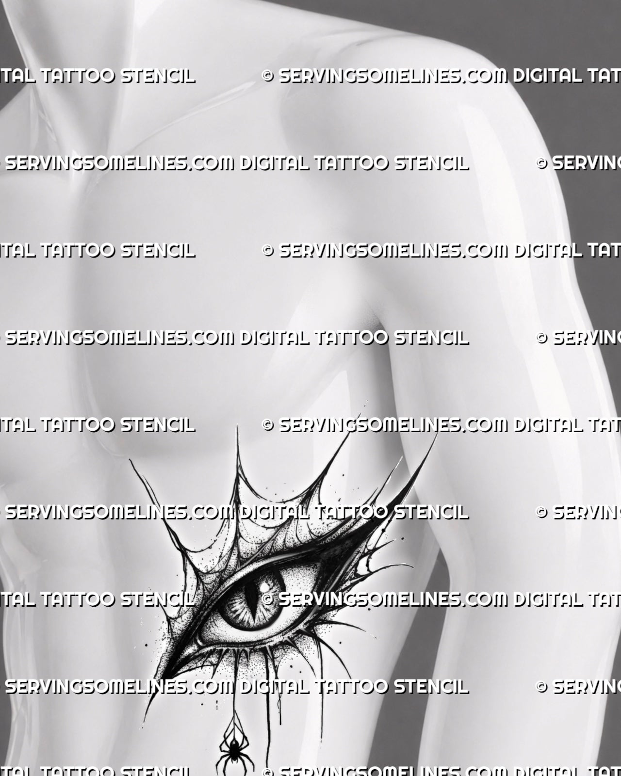 Gothic eye tattoo stencil shown on men’s ribs, with webbed eye frame, pointed corners, dotted shading, and spider drop detail.