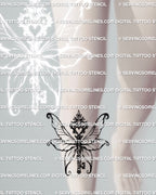 Dark fairy key tattoo shown on shin placement, fairy wings key tattoo stencil vertical layout.