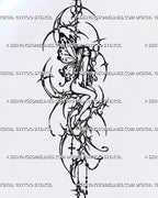 Gothic fairy tattoo design with long wavy hair, spotted butterfly-like wings, dotwork shading and a spiked frame with fairy grunge styling.    