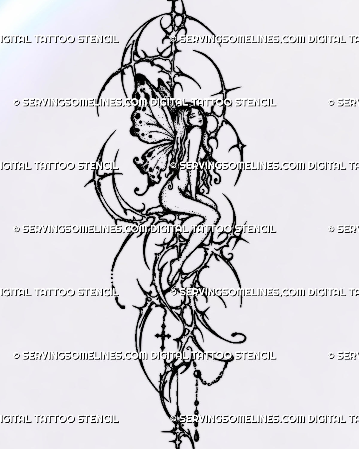 Gothic fairy tattoo design with long wavy hair, spotted butterfly-like wings, dotwork shading and a spiked frame with fairy grunge styling.    