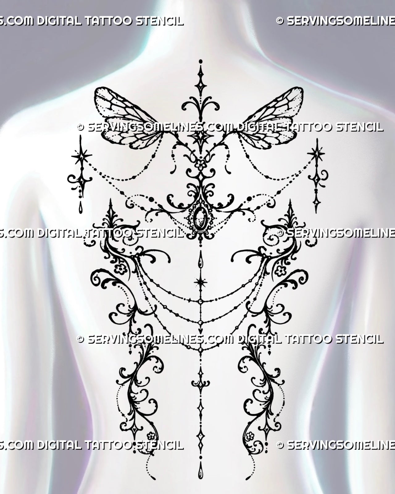 Gothic fairy wing tattoo shown across a woman’s upper and mid back with mirrored filigree, central jewel details, chains, and open negative space