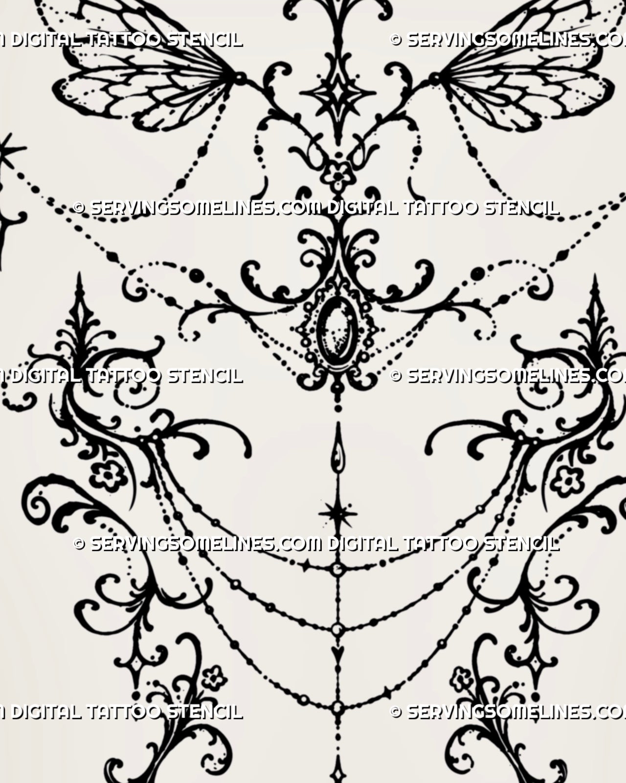 Close-up of gothic fairy wings and filigree back tattoo details showing pointed wing shapes, mirrored scrollwork, fine dotwork, and decorative curves