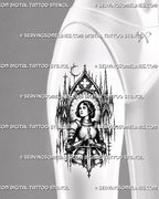 Gothic female knight tattoo stencil shown on female thigh with cathedral spires, centered sword, armor detail, crescent moon, and dark fantasy warrior mood