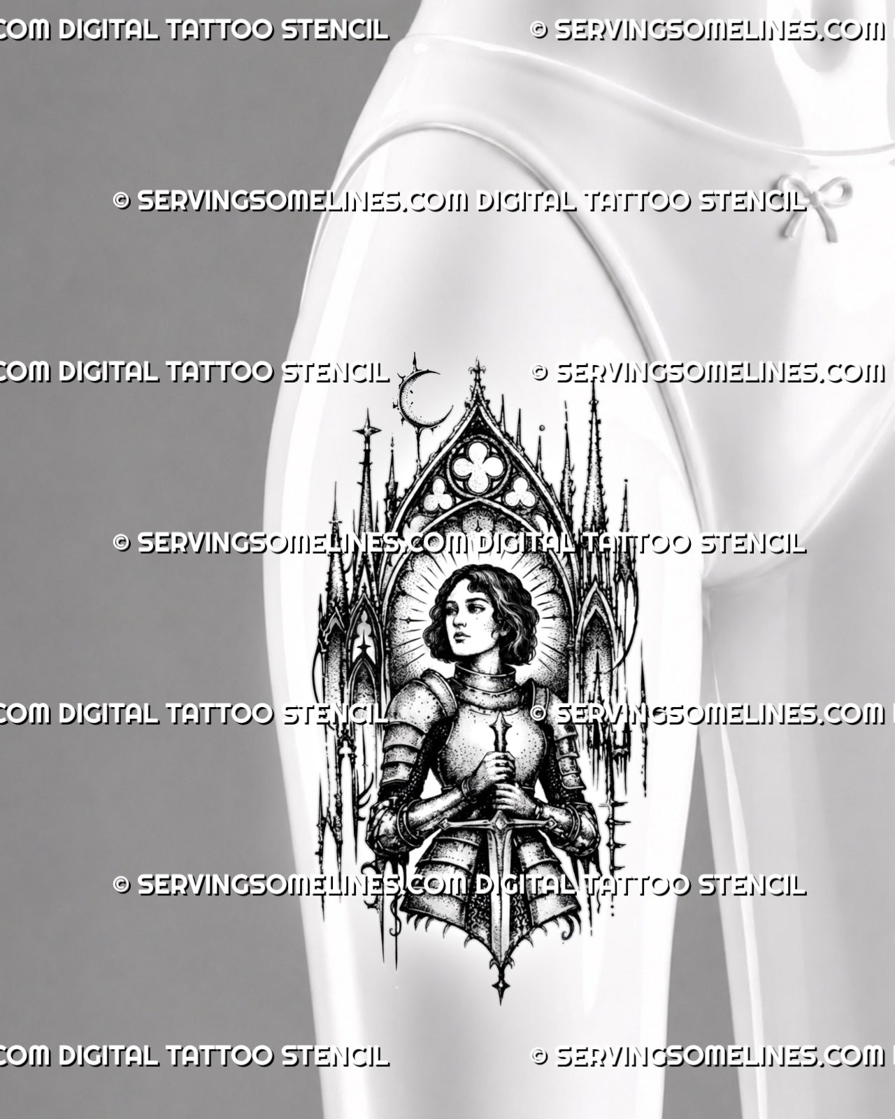 Gothic female knight tattoo stencil shown on female thigh with cathedral spires, centered sword, armor detail, crescent moon, and dark fantasy warrior mood