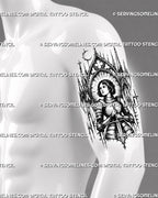 Gothic female knight tattoo stencil shown on men’s arm with sword, armor, cathedral-style arch, halo rays, and dark medieval warrior detail