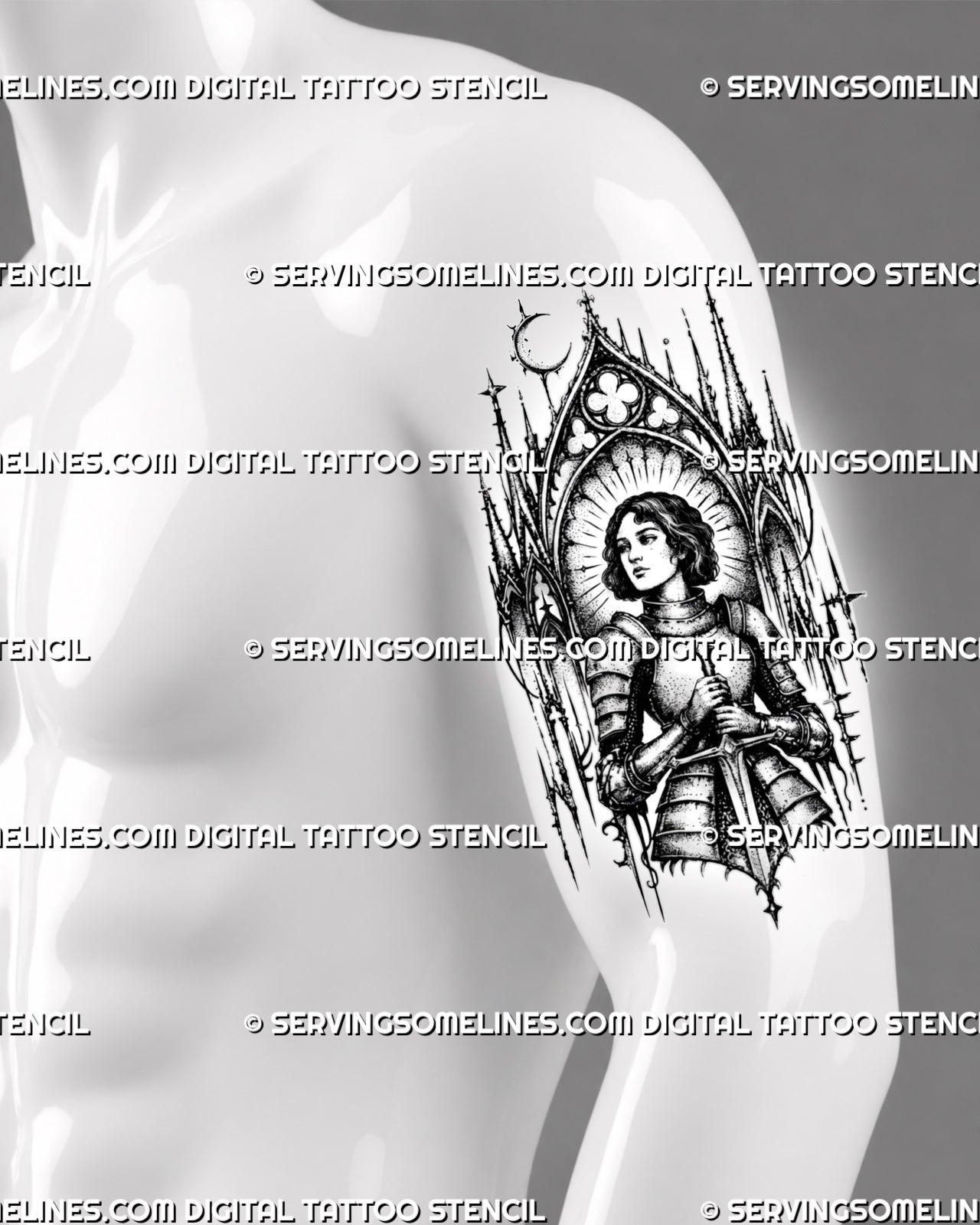 Gothic female knight tattoo stencil shown on men’s arm with sword, armor, cathedral-style arch, halo rays, and dark medieval warrior detail