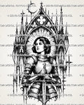Gothic female knight tattoo stencil with centered sword, medieval armor, cathedral arch frame, halo rays, crescent moon detail, and blackwork-style shading