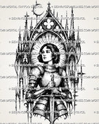 Gothic female knight tattoo stencil with centered sword, medieval armor, cathedral arch frame, halo rays, crescent moon detail, and blackwork-style shading