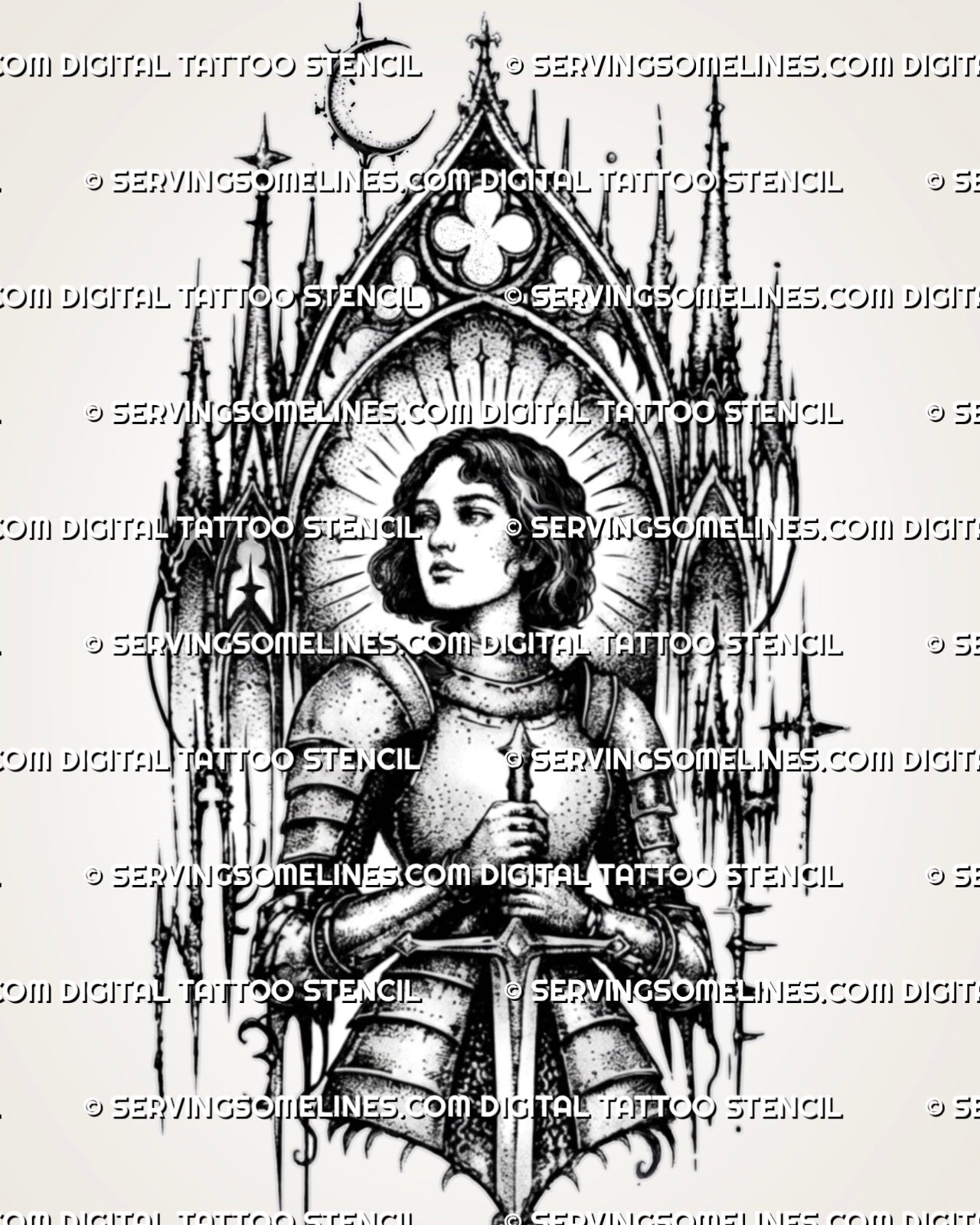 Gothic female knight tattoo stencil with centered sword, medieval armor, cathedral arch frame, halo rays, crescent moon detail, and blackwork-style shading