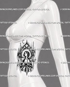 Gothic female knight tattoo stencil shown on women’s ribs with medieval armor, sword, cathedral spires, crescent moon detail, and vertical gothic tattoo layout