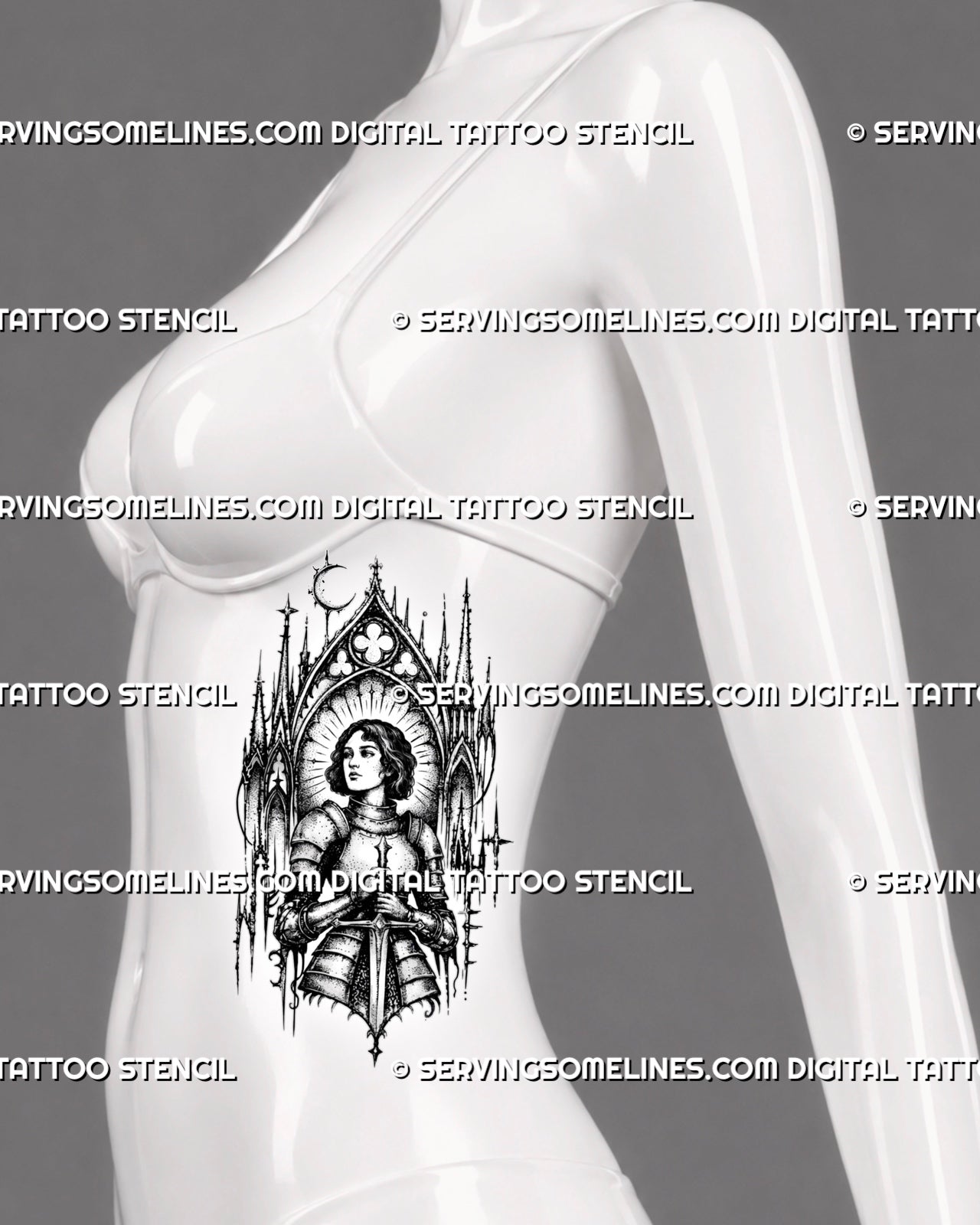 Gothic female knight tattoo stencil shown on women’s ribs with medieval armor, sword, cathedral spires, crescent moon detail, and vertical gothic tattoo layout