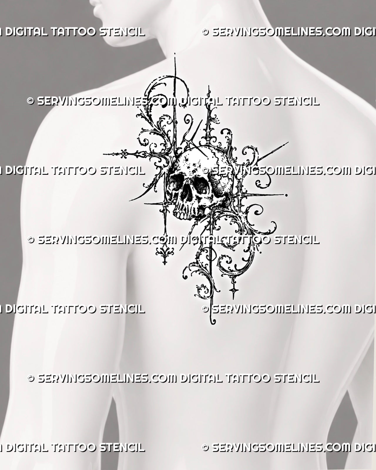 Gothic filigree skull tattoo shown on a man’s shoulder with dark bone shading, curling acanthus ornament, pointed extensions, and suspended diamond details
