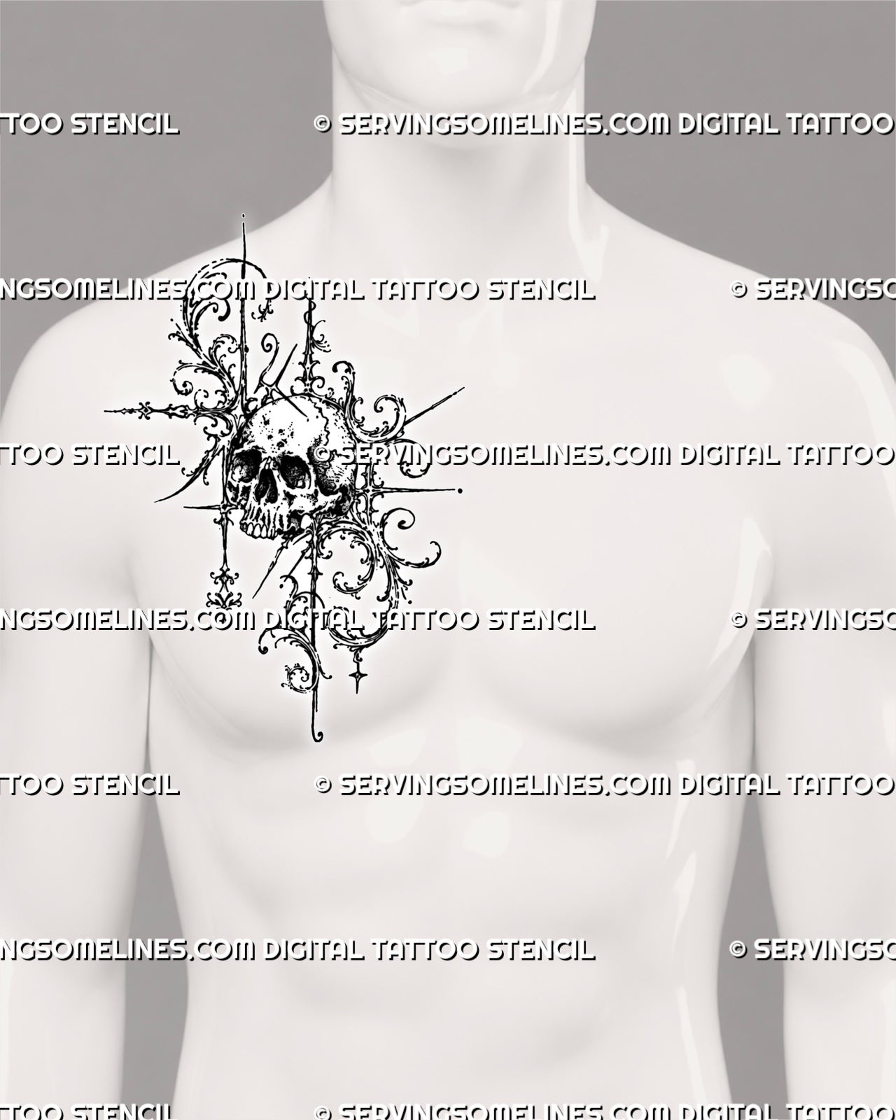 Gothic filigree skull tattoo shown on a man’s side chest near the collarbone with ornate scrollwork, detailed teeth, dark shading, and sharp decorative extensions