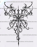 Black gothic sword stencil with mirrored leafy filigree, an ornate hilt, four-point stars and a long, narrow downward-pointing blade. 