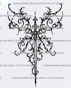 Black gothic sword stencil with mirrored leafy filigree, an ornate hilt, four-point stars and a long, narrow downward-pointing blade. 
