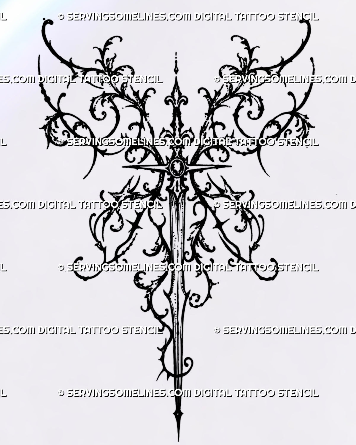 Black gothic sword stencil with mirrored leafy filigree, an ornate hilt, four-point stars and a long, narrow downward-pointing blade. 