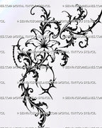 Gothic floral blackwork tattoo design with an open lily, baroque filigree, acanthus leaves, thorn-like points, celestial starbursts, and jewelry-style hanging ornament