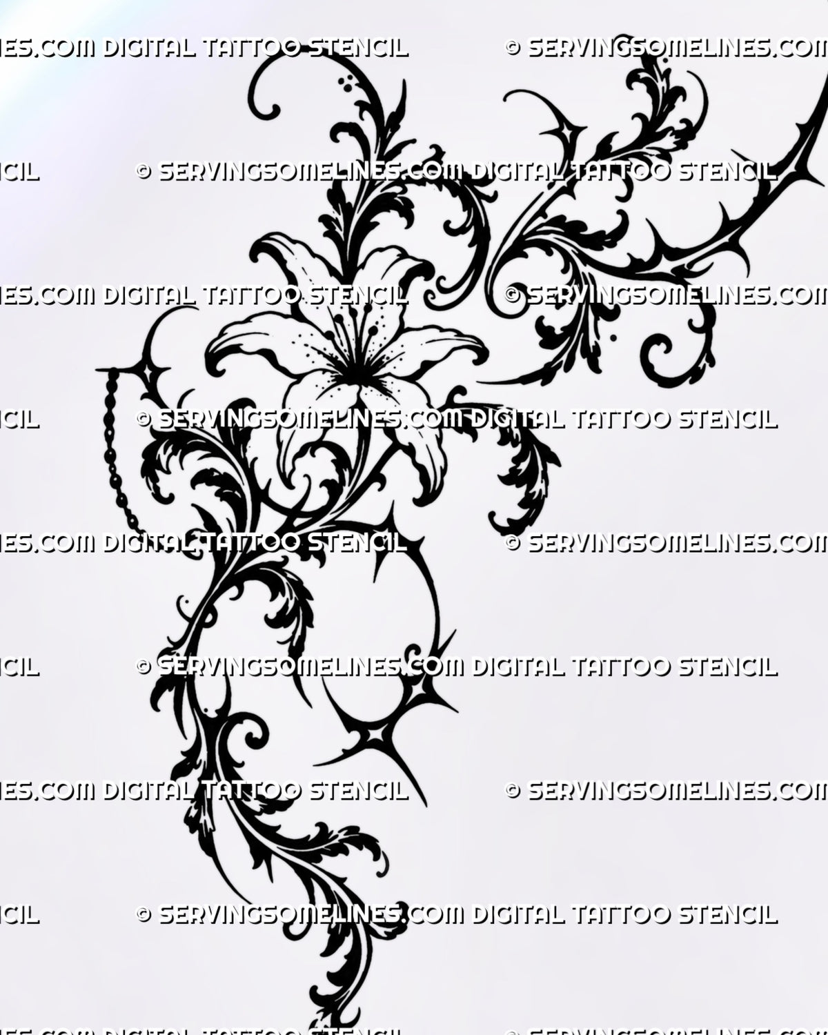 Gothic floral blackwork tattoo design with an open lily, baroque filigree, acanthus leaves, thorn-like points, celestial starbursts, and jewelry-style hanging ornament