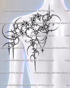 Gothic floral tattoo preview on a woman’s back shoulder, with sakura blossoms, sweeping pointed curves, draped bead chains and a cross pendant.        