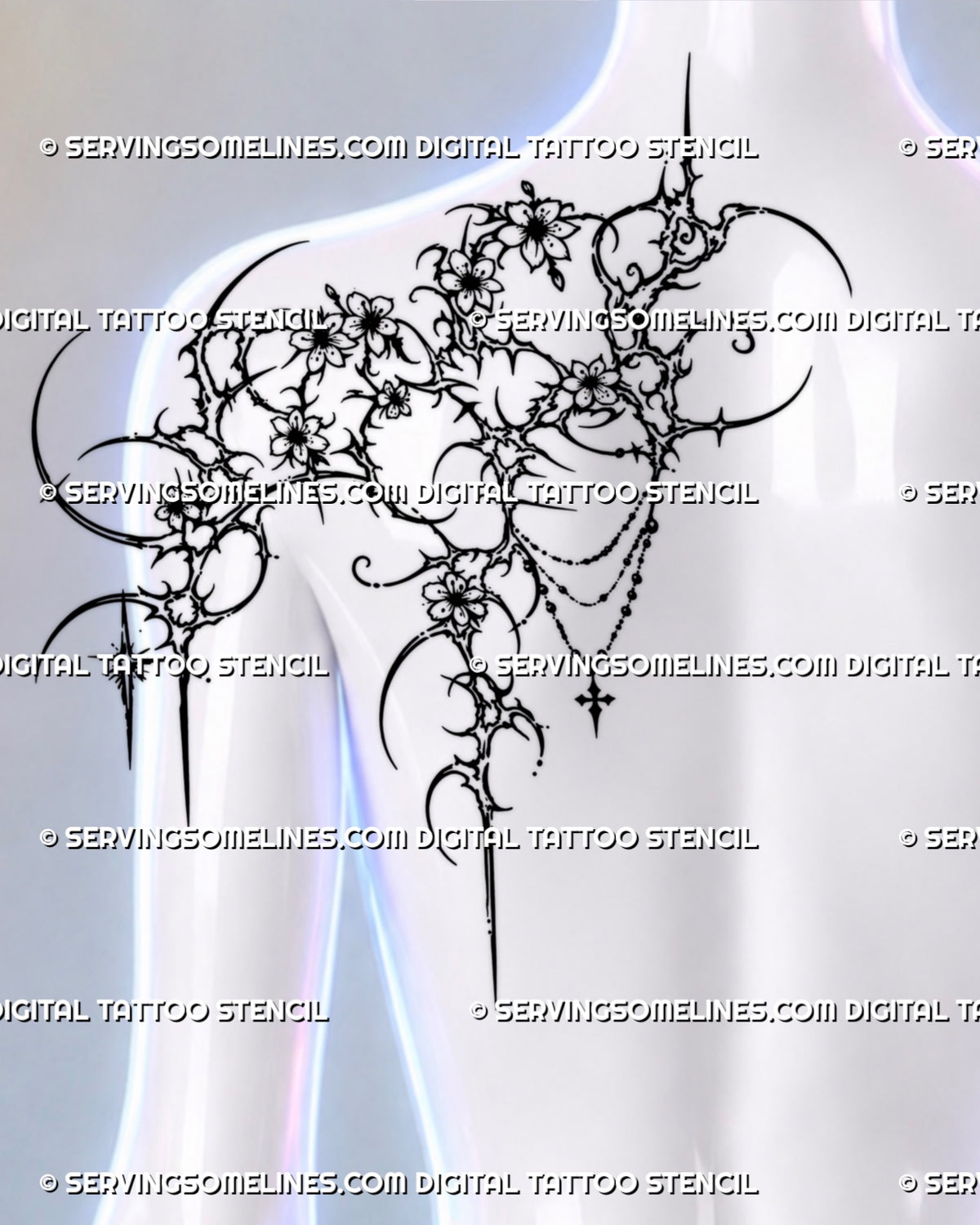 Gothic floral tattoo preview on a woman’s back shoulder, with sakura blossoms, sweeping pointed curves, draped bead chains and a cross pendant.        