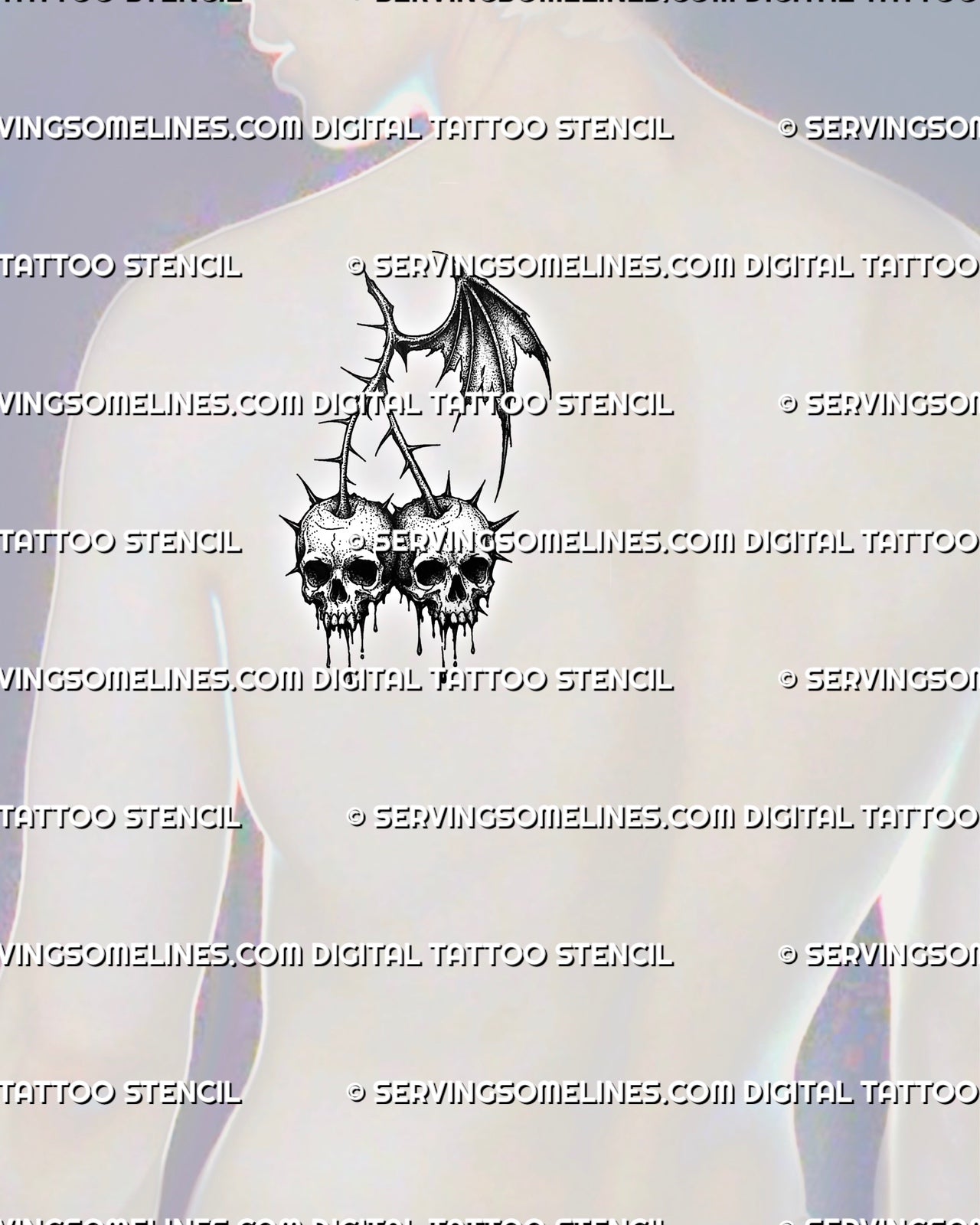 Gothic fruit tattoo stencil shown on mens shoulder blade with skull cherries, sharp stems, and dripping dark cherry details.