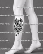 Gothic gargoyle tattoo stencil shown on calf with crouching winged gargoyle, horns, claws, tail detail, carved stone base, and vertical tattoo layout
