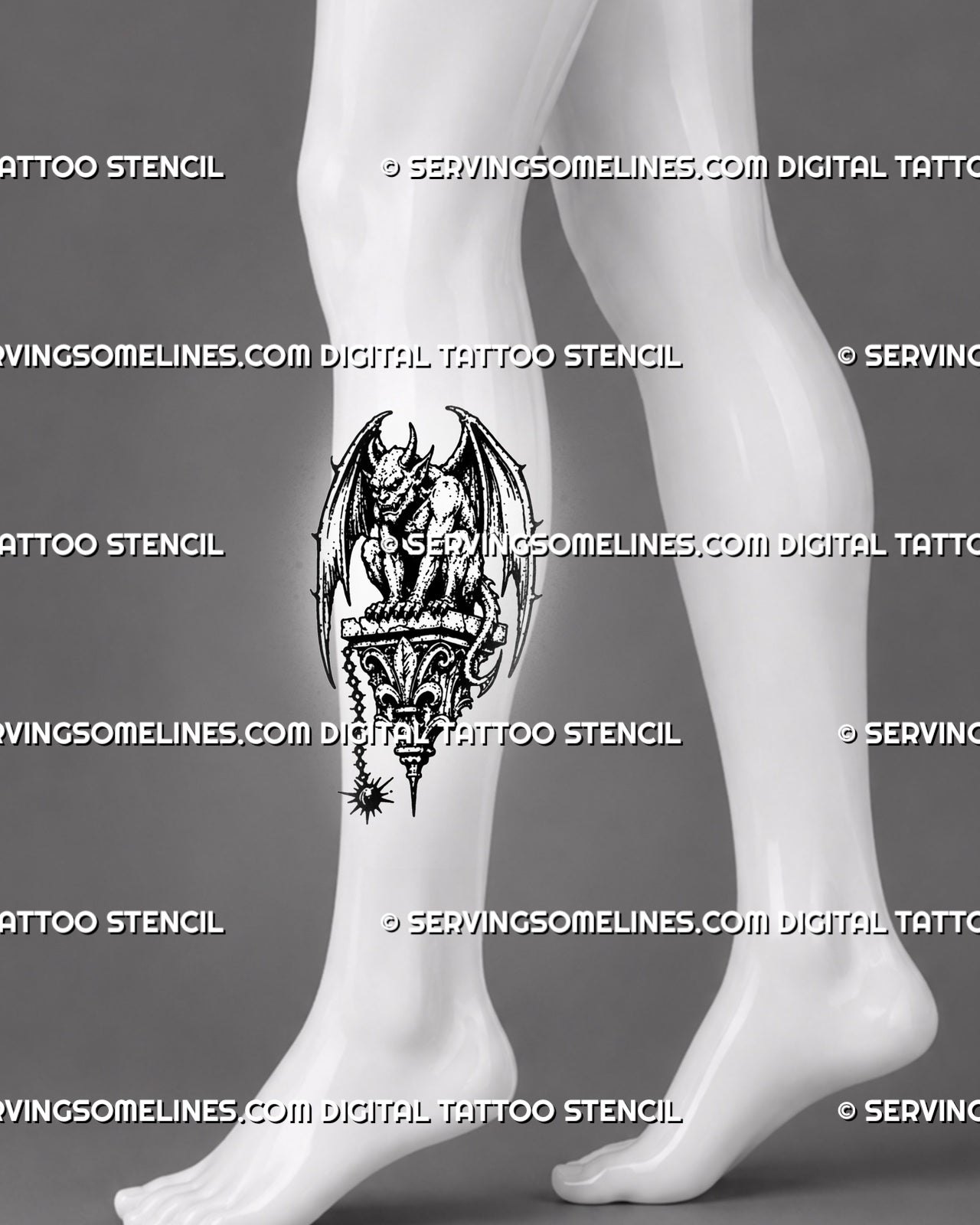 Gothic gargoyle tattoo stencil shown on calf with crouching winged gargoyle, horns, claws, tail detail, carved stone base, and vertical tattoo layout