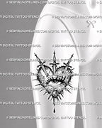 Gothic heart eye tattoo stencil shown on women’s thigh, with three swords, central eye symbol, jagged outline, and dotted texture.
