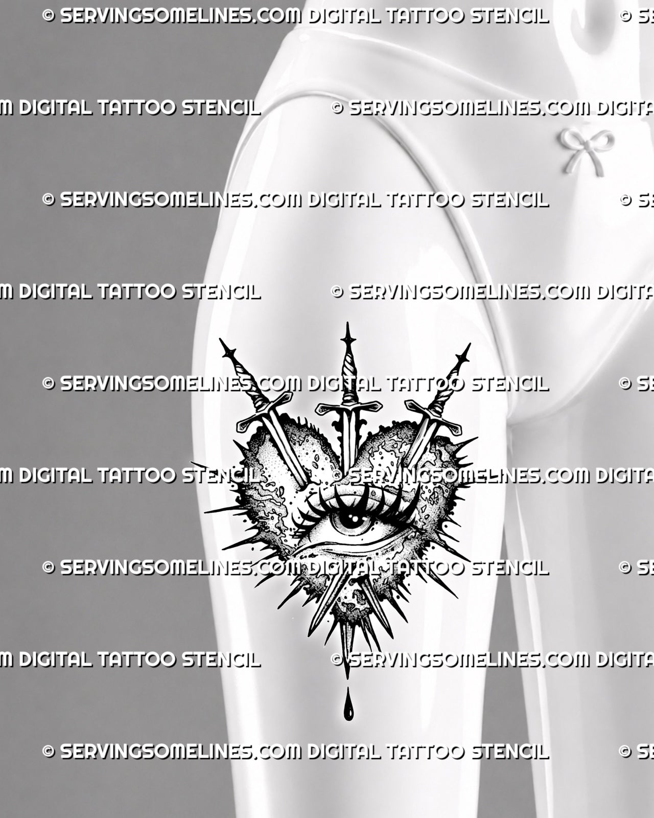 Gothic heart eye tattoo stencil shown on women’s thigh, with three swords, central eye symbol, jagged outline, and dotted texture.