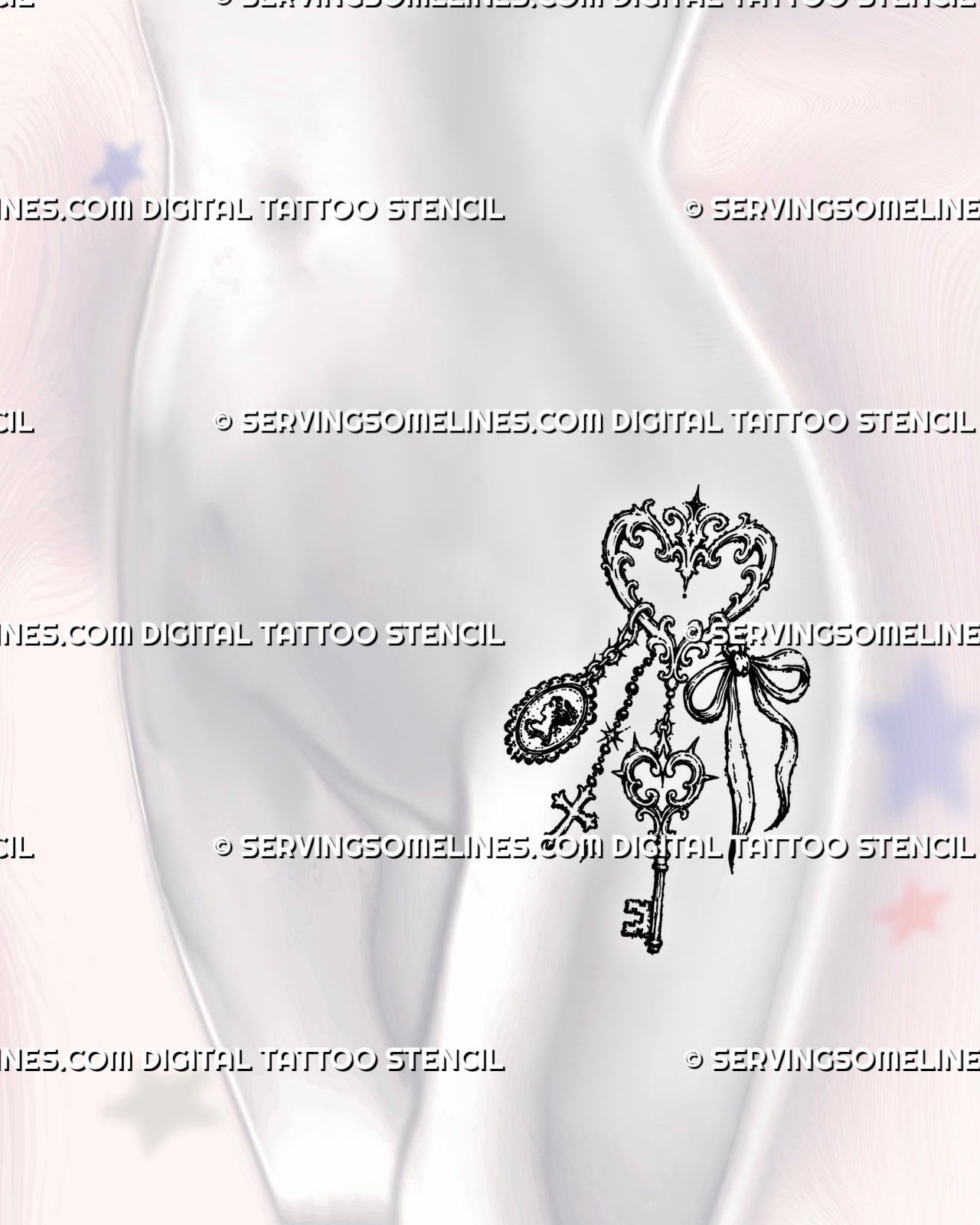 Gothic jewelry tattoo shown on a woman’s hip with a vintage skeleton key, heart-shaped filigree ring, cameo, cross, bow, and hanging charms