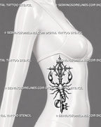 Gothic key scorpion tattoo displayed on women's ribs, with a vertical key shaft, curved tail, and ornate blackwork detail