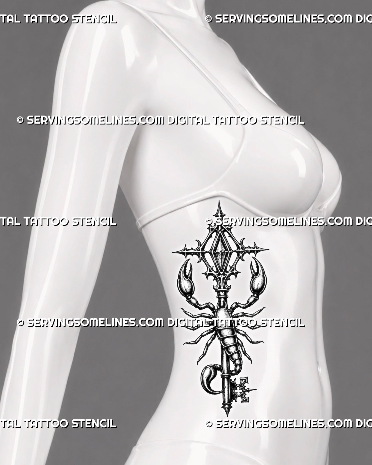 Gothic key scorpion tattoo displayed on women's ribs, with a vertical key shaft, curved tail, and ornate blackwork detail
