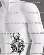 Gothic knight sword and shield tattoo shown on men’s ribs with spiked armor, horned helmet, dragon-crested shield, upright blade, and bold tattoo for men placement