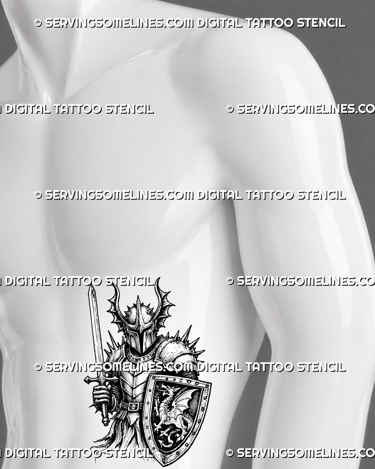 Gothic knight sword and shield tattoo shown on men’s ribs with spiked armor, horned helmet, dragon-crested shield, upright blade, and bold tattoo for men placement