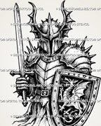 Close view of gothic knight tattoo stencil showing pointed visor, sweeping helmet horns, spiked shoulder armor, rivets, gauntlet, sword, and dragon shield emblem