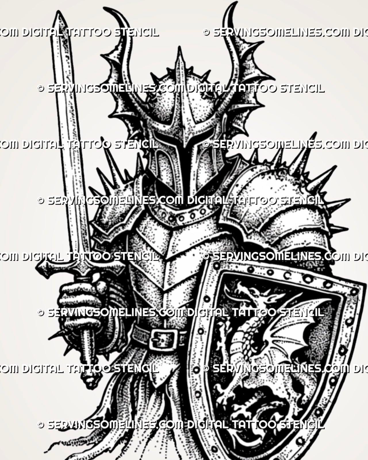 Close view of gothic knight tattoo stencil showing pointed visor, sweeping helmet horns, spiked shoulder armor, rivets, gauntlet, sword, and dragon shield emblem