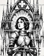 Close view of gothic knight tattoo stencil showing female knight face, centered sword, plate armor, halo rays, cathedral arch, and fine blackwork texture