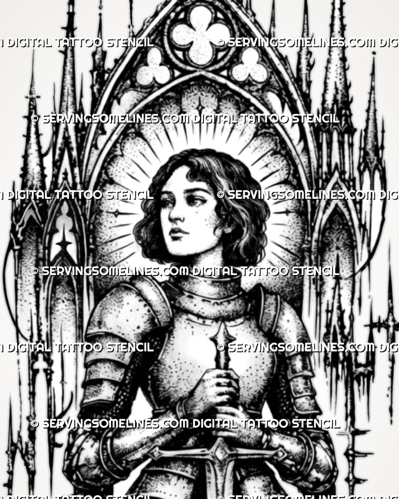 Close view of gothic knight tattoo stencil showing female knight face, centered sword, plate armor, halo rays, cathedral arch, and fine blackwork texture