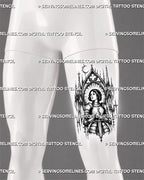 Gothic knight tattoo stencil shown on men’s thigh above the knee with female knight figure, centered sword, cathedral arch, halo rays, and bold blackwork-style design
