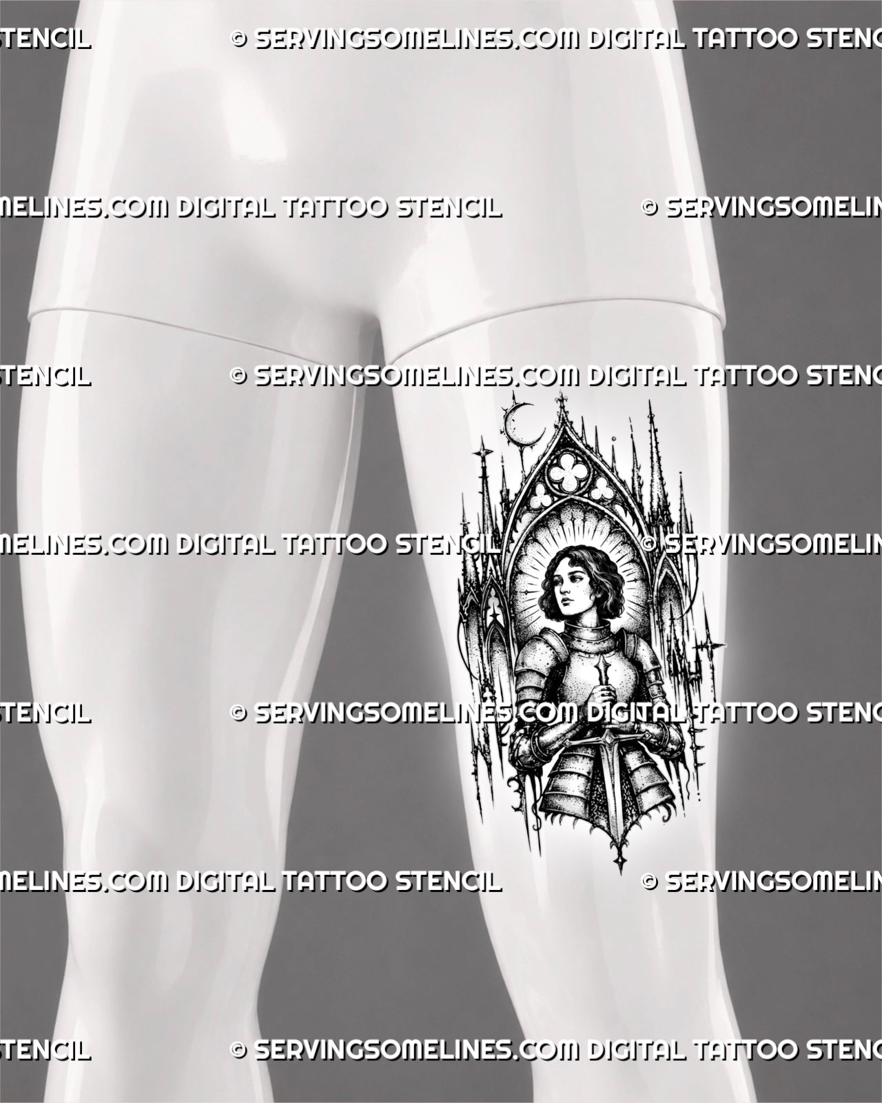 Gothic knight tattoo stencil shown on men’s thigh above the knee with female knight figure, centered sword, cathedral arch, halo rays, and bold blackwork-style design