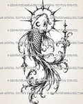 Gothic koi fish tattoo stencil with long ornamental fins, layered scales, a spiked circular halo, crescent detail, pointed stars, and baroque-inspired filigree