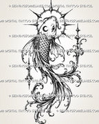 Gothic koi fish tattoo stencil with long ornamental fins, layered scales, a spiked circular halo, crescent detail, pointed stars, and baroque-inspired filigree